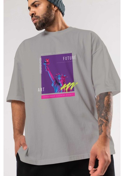 Future Streetwear Ön Baskılı Gri Oversize T-Shirt Unisex Erkek Kadın Bisiklet Yaka modelleri