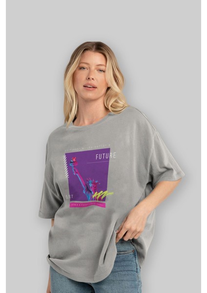 Future Streetwear Ön Baskılı Gri Oversize T-Shirt Unisex Erkek Kadın Bisiklet Yaka fırsatları