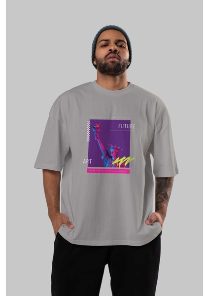 Future Streetwear Ön Baskılı Gri Oversize T-Shirt Unisex Erkek Kadın Bisiklet Yaka indirimleri