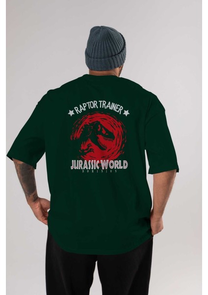 Jurassic Park (3) Arka Baskılı Zümrüt Yeşili Oversize T-Shirt Bisiklet Yaka Erkek Kadın