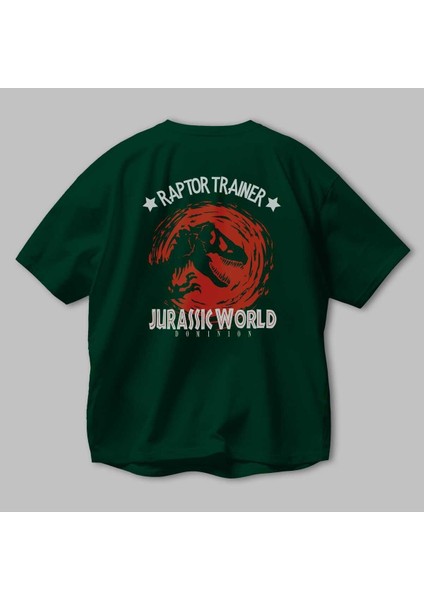 Jurassic Park (3) Arka Baskılı Zümrüt Yeşili Oversize T-Shirt Bisiklet Yaka Erkek Kadın modelleri