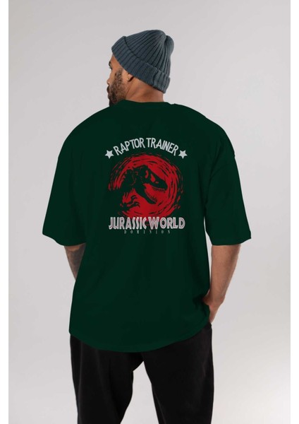 Jurassic Park (3) Arka Baskılı Zümrüt Yeşili Oversize T-Shirt Bisiklet Yaka Erkek Kadın indirimleri