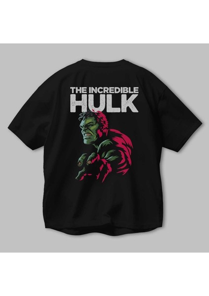 Hulk (10) Arka Baskılı Siyah Oversize T-Shirt Bisiklet Yaka Pamuk Erkek Kadın modelleri