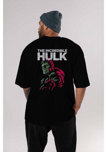 Hulk (10) Arka Baskılı Siyah Oversize T-Shirt Bisiklet Yaka Pamuk Erkek Kadın indirimleri