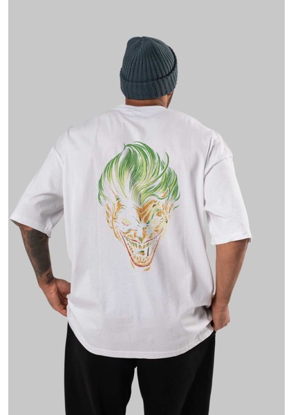 Joker (3) Arka Baskılı Beyaz Oversize T-Shirt Bisiklet Yaka Pamuk Erkek Kadın