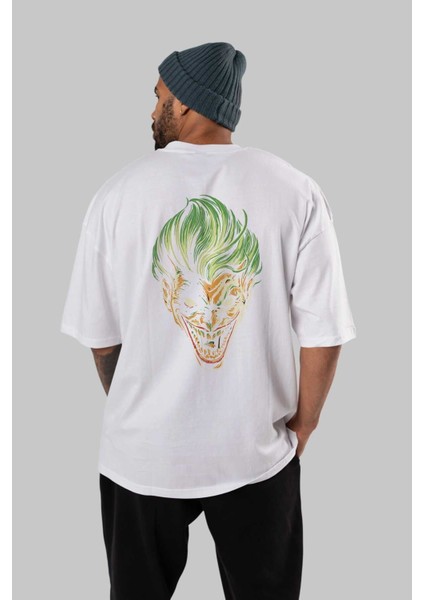 Joker (3) Arka Baskılı Beyaz Oversize T-Shirt Bisiklet Yaka Pamuk Erkek Kadın fırsatları