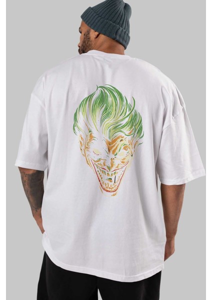Joker (3) Arka Baskılı Beyaz Oversize T-Shirt Bisiklet Yaka Pamuk Erkek Kadın indirimleri