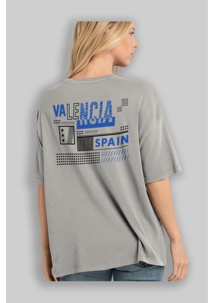 Valencia Arka Baskılı Gri Oversize T-Shirt Unisex Erkek Kadın Bisiklet Yaka modelleri
