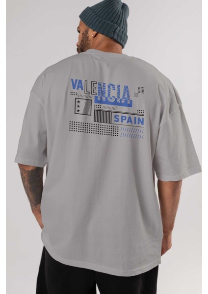 Valencia Arka Baskılı Gri Oversize T-Shirt Unisex Erkek Kadın Bisiklet Yaka indirimleri