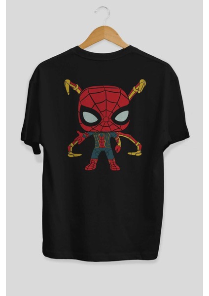 Spiderman (17) Arka Baskılı Siyah Oversize T-Shirt Bisiklet Yaka Pamuk Erkek Kadın