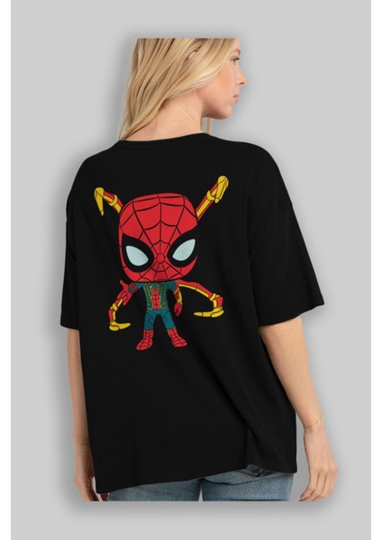 Spiderman (17) Arka Baskılı Siyah Oversize T-Shirt Bisiklet Yaka Pamuk Erkek Kadın