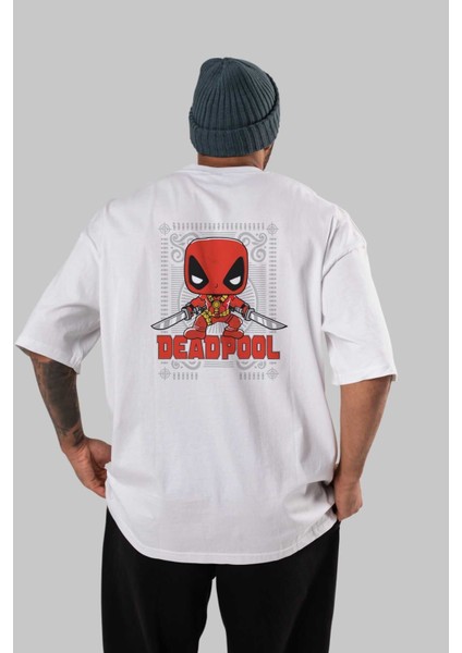 Deadpool (17) Arka Baskılı Beyaz Oversize T-Shirt Bisiklet Yaka Pamuk Erkek Kadın