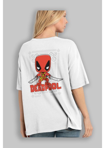Deadpool (17) Arka Baskılı Beyaz Oversize T-Shirt Bisiklet Yaka Pamuk Erkek Kadın modelleri