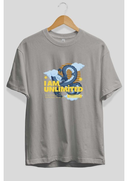 I Am Unlimited Dragon Ön Baskılı Gri Oversize T-Shirt Unisex Erkek Kadın Bisiklet Yaka fiyatları