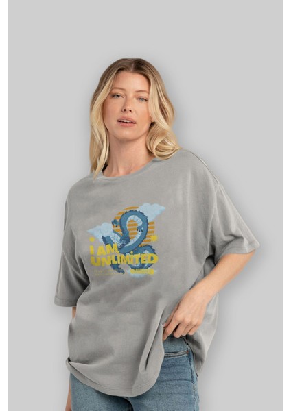 I Am Unlimited Dragon Ön Baskılı Gri Oversize T-Shirt Unisex Erkek Kadın Bisiklet Yaka fırsatları