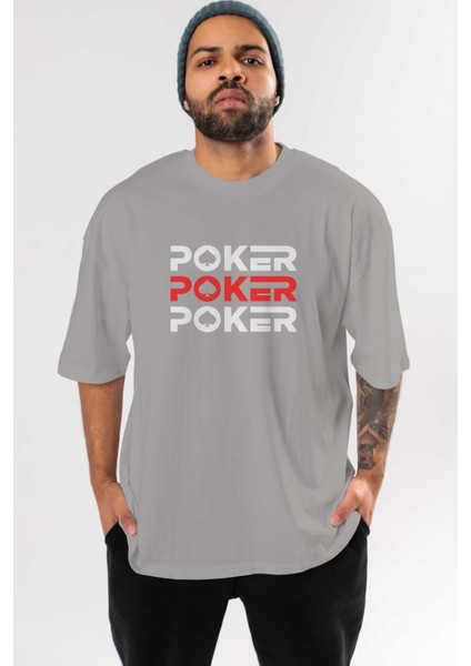 Poker Ön Baskılı Gri Oversize T-Shirt Unisex Erkek Kadın Bisiklet Yaka