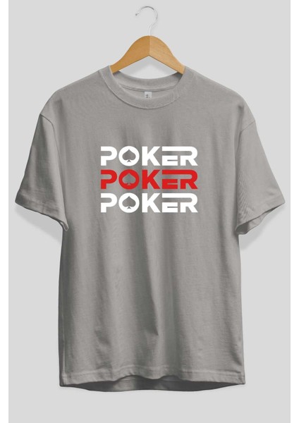 Poker Ön Baskılı Gri Oversize T-Shirt Unisex Erkek Kadın Bisiklet Yaka fiyatları
