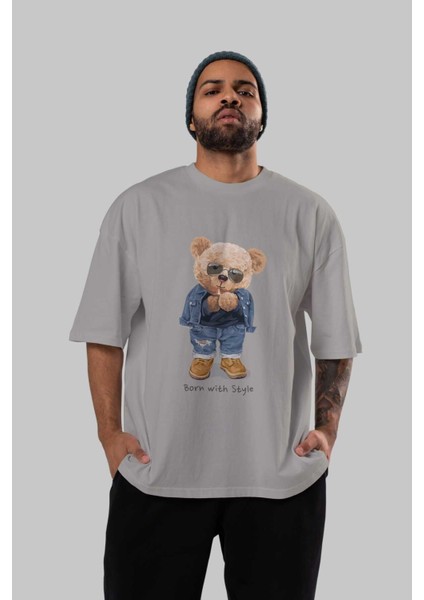 Teddy Bear Born With Style Ön Baskılı Gri Oversize T-Shirt Unisex Erkek Kadın Bisiklet Yaka indirimleri