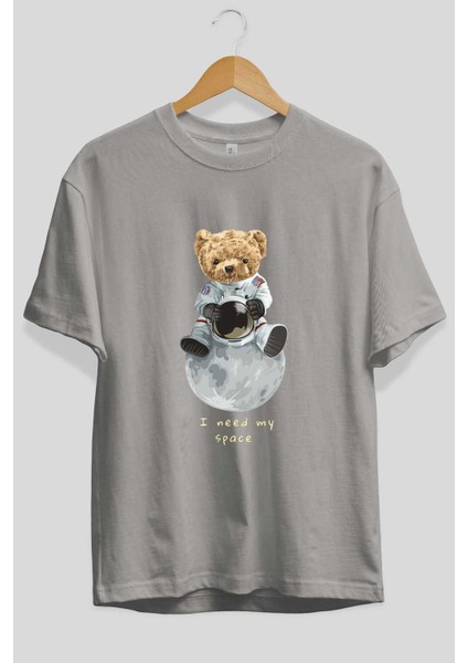 Teddy Bear I Need My Ön Baskılı Gri Oversize T-Shirt Unisex Erkek Kadın Bisiklet Yaka fiyatları