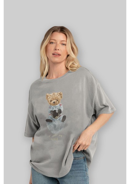 Teddy Bear I Need My Ön Baskılı Gri Oversize T-Shirt Unisex Erkek Kadın Bisiklet Yaka fırsatları