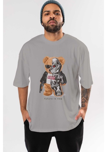 Teddy Bear Robot Ön Baskılı Gri Oversize T-Shirt Unisex Erkek Kadın Bisiklet Yaka