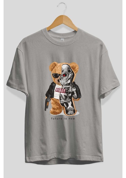 Teddy Bear Robot Ön Baskılı Gri Oversize T-Shirt Unisex Erkek Kadın Bisiklet Yaka fiyatları