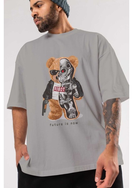 Teddy Bear Robot Ön Baskılı Gri Oversize T-Shirt Unisex Erkek Kadın Bisiklet Yaka modelleri