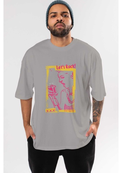 Let's Rock Yazılı Ön Baskılı Gri Oversize T-Shirt Unisex Erkek Kadın Bisiklet Yaka