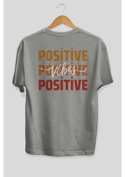 Positive Vibes 2 Arka Baskılı Gri Oversize T-Shirt Unisex Erkek Kadın Bisiklet Yaka fiyatları