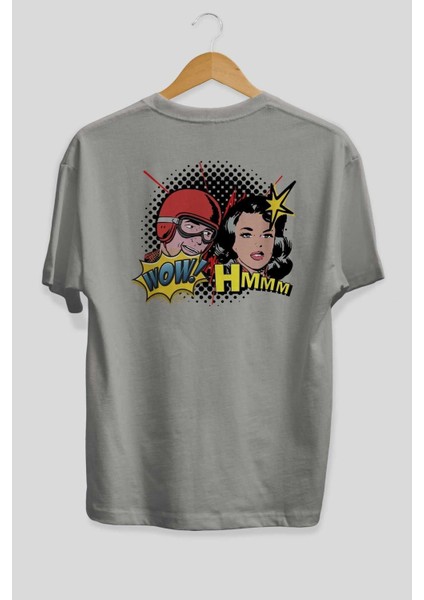 Comic Wow Yazılı Arka Baskılı Gri Oversize T-Shirt Unisex Erkek Kadın Bisiklet Yaka fiyatları