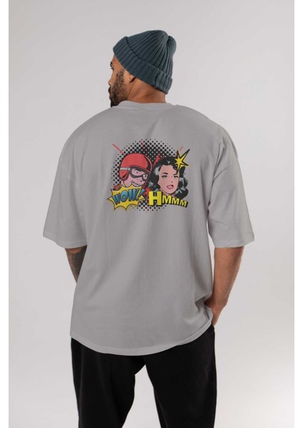 Comic Wow Yazılı Arka Baskılı Gri Oversize T-Shirt Unisex Erkek Kadın Bisiklet Yaka fırsatları
