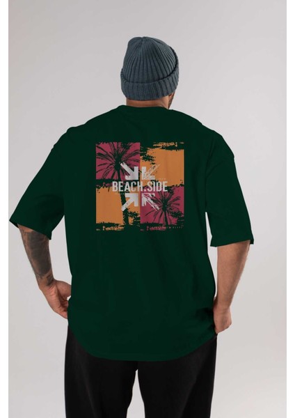 Beach Side Arka Baskılı Zümrüt Yeşili Oversize T-Shirt Unisex Erkek Kadın Bisiklet Yaka