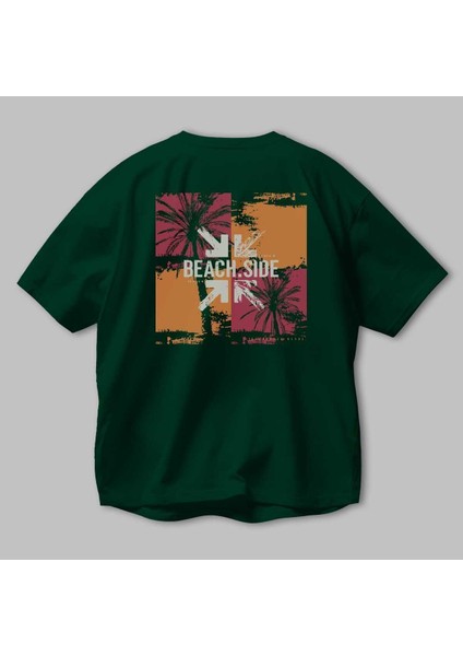 Beach Side Arka Baskılı Zümrüt Yeşili Oversize T-Shirt Unisex Erkek Kadın Bisiklet Yaka modelleri