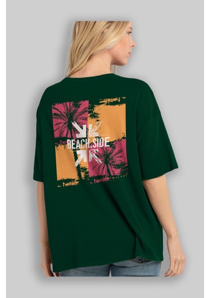 Beach Side Arka Baskılı Zümrüt Yeşili Oversize T-Shirt Unisex Erkek Kadın Bisiklet Yaka fırsatları