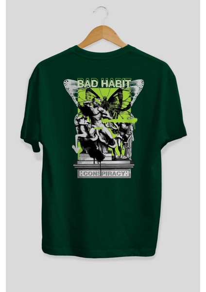Bad Habit Arka Baskılı Zümrüt Yeşili Oversize T-Shirt Unisex Erkek Kadın Bisiklet Yaka fiyatları