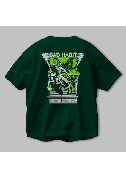Bad Habit Arka Baskılı Zümrüt Yeşili Oversize T-Shirt Unisex Erkek Kadın Bisiklet Yaka modelleri
