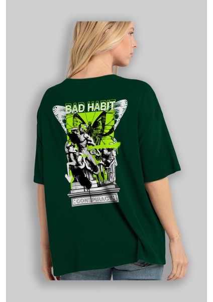 Bad Habit Arka Baskılı Zümrüt Yeşili Oversize T-Shirt Unisex Erkek Kadın Bisiklet Yaka fırsatları