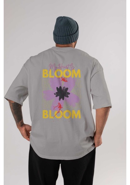 Bloom Yazılı Arka Baskılı Gri Oversize T-Shirt Unisex Erkek Kadın Bisiklet Yaka