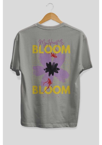 Bloom Yazılı Arka Baskılı Gri Oversize T-Shirt Unisex Erkek Kadın Bisiklet Yaka fiyatları