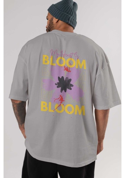 Bloom Yazılı Arka Baskılı Gri Oversize T-Shirt Unisex Erkek Kadın Bisiklet Yaka indirimleri
