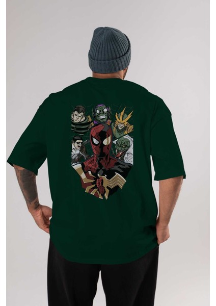 Spiderman (31) Arka Baskılı Zümrüt Yeşili Oversize T-Shirt Bisiklet Yaka Erkek Kadın