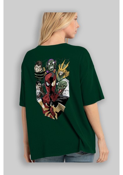 Spiderman (31) Arka Baskılı Zümrüt Yeşili Oversize T-Shirt Bisiklet Yaka Erkek Kadın fırsatları