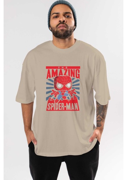 Spiderman (20) Ön Baskılı Bej Oversize T-Shirt Bisiklet Yaka Pamuk Erkek Kadın