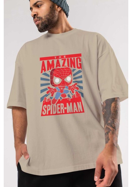 Spiderman (20) Ön Baskılı Bej Oversize T-Shirt Bisiklet Yaka Pamuk Erkek Kadın modelleri