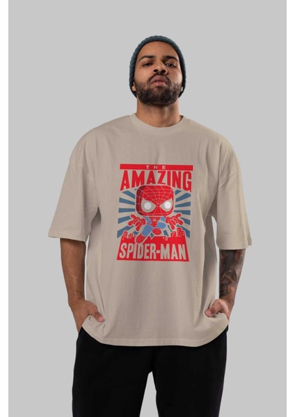 Spiderman (20) Ön Baskılı Bej Oversize T-Shirt Bisiklet Yaka Pamuk Erkek Kadın indirimleri
