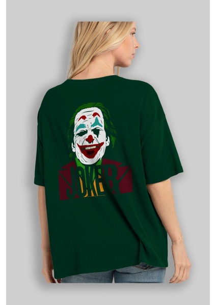 Joker (10) Arka Baskılı Zümrüt Yeşili Oversize T-Shirt Bisiklet Yaka Erkek Kadın fırsatları
