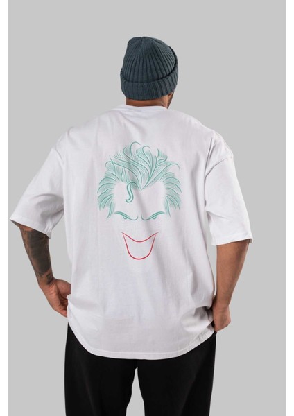 Joker (1) Arka Baskılı Beyaz Oversize T-Shirt Bisiklet Yaka Pamuk Erkek Kadın