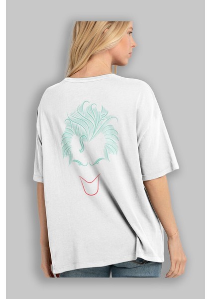 Joker (1) Arka Baskılı Beyaz Oversize T-Shirt Bisiklet Yaka Pamuk Erkek Kadın modelleri