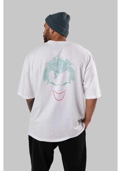 Joker (1) Arka Baskılı Beyaz Oversize T-Shirt Bisiklet Yaka Pamuk Erkek Kadın fırsatları