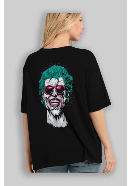 Joker 1 Arka Baskılı Siyah Oversize T-Shirt Bisiklet Yaka Pamuk Erkek Kadın fırsatları